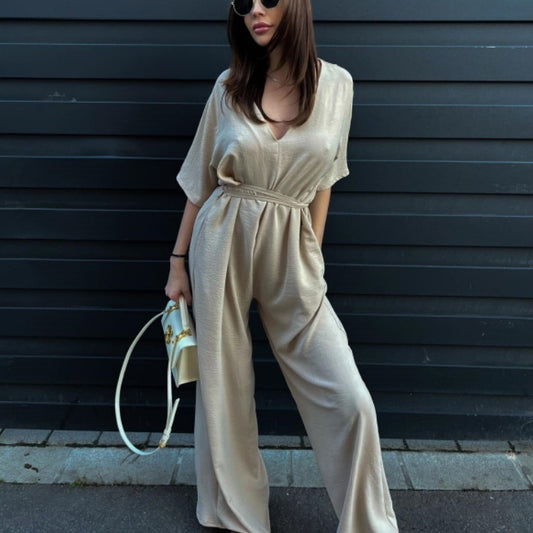 Tied Girdle Depth V-neck Casual Wide-leg Pants