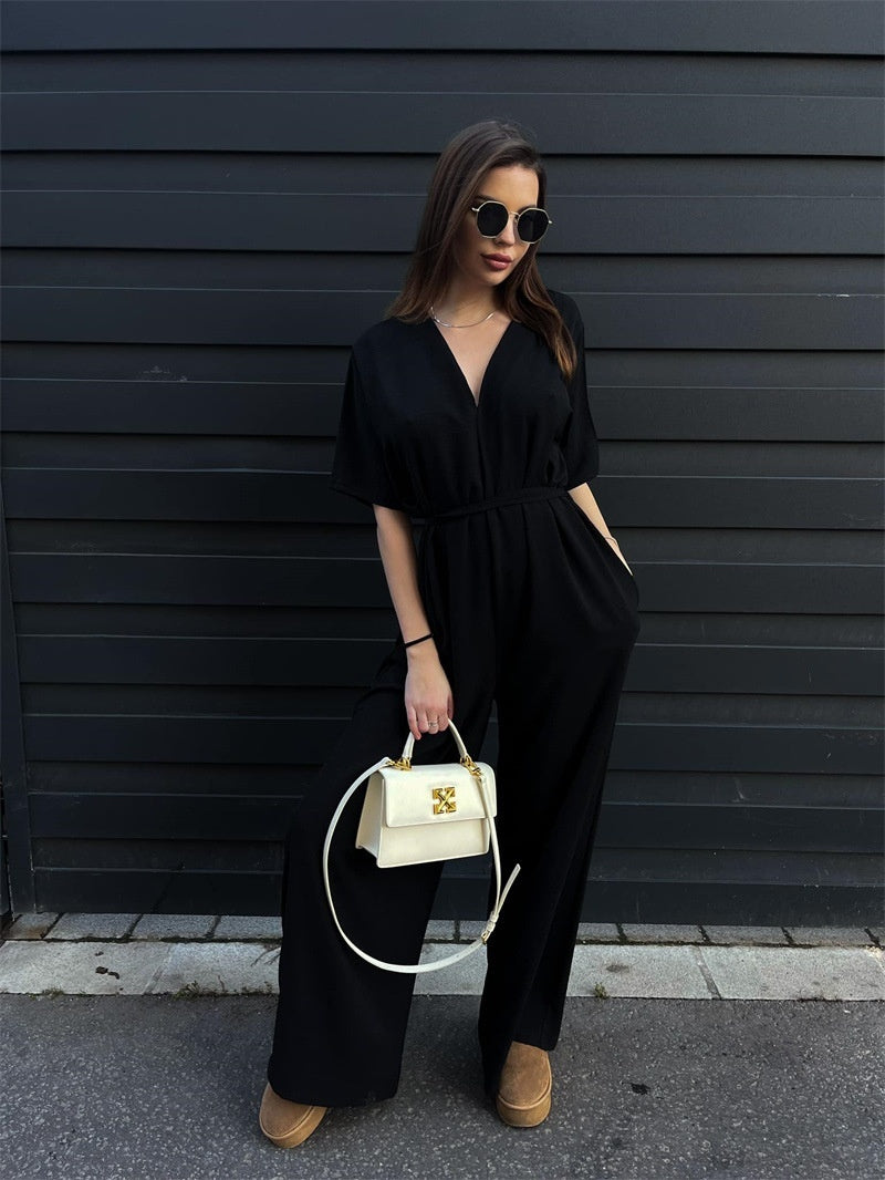 Tied Girdle Depth V-neck Casual Wide-leg Pants