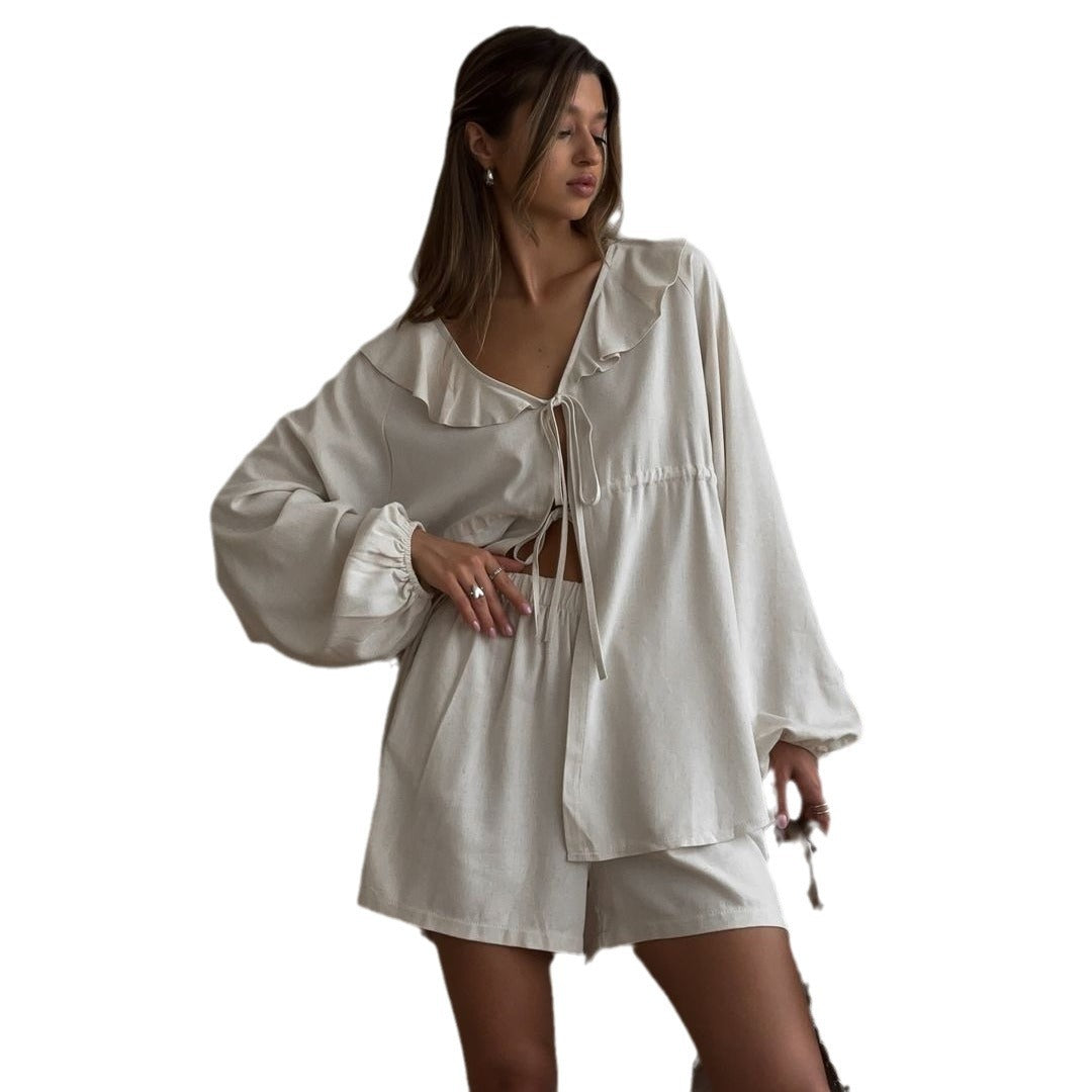 V-neck Puff Sleeve Top And Shorts Two-piece Set
