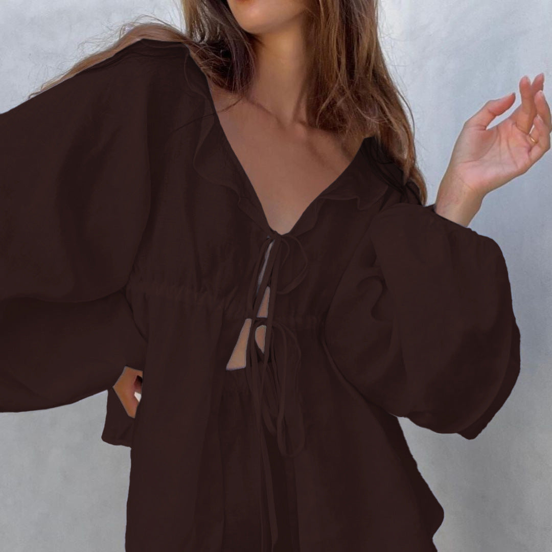 V-neck Puff Sleeve Top And Shorts Two-piece Set