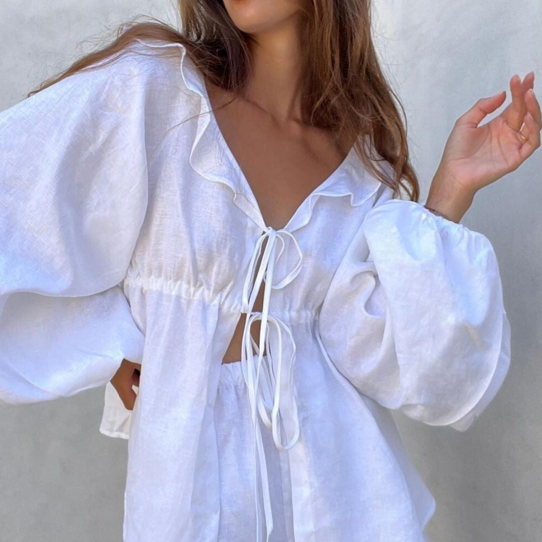 V-neck Puff Sleeve Top And Shorts Two-piece Set
