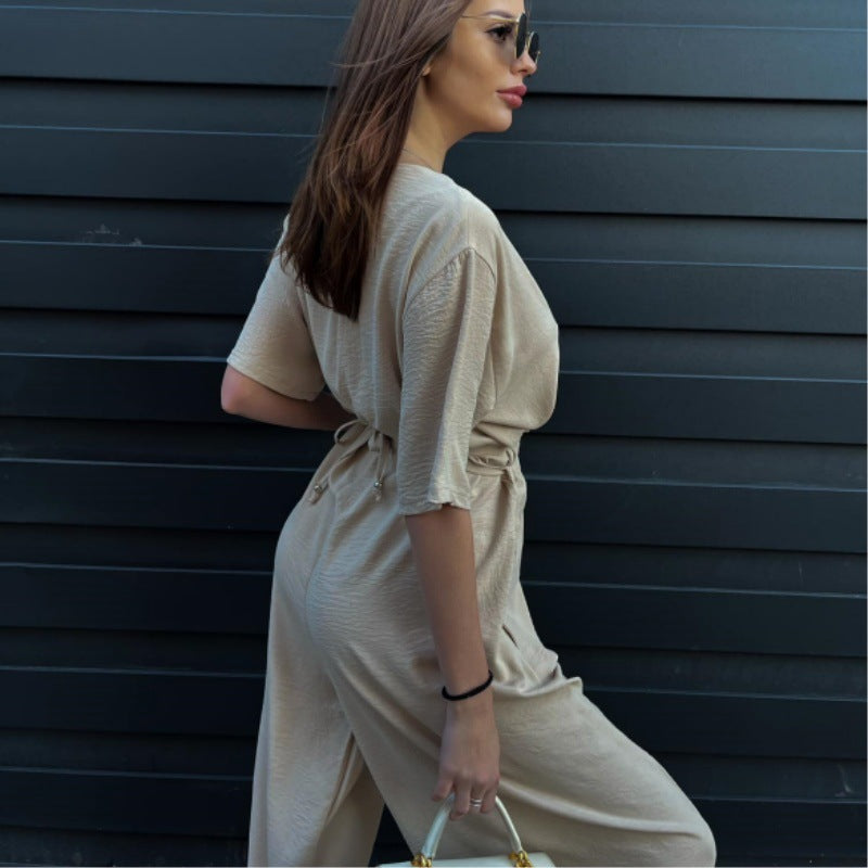 Tied Girdle Depth V-neck Casual Wide-leg Pants