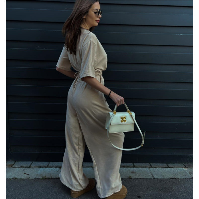 Tied Girdle Depth V-neck Casual Wide-leg Pants