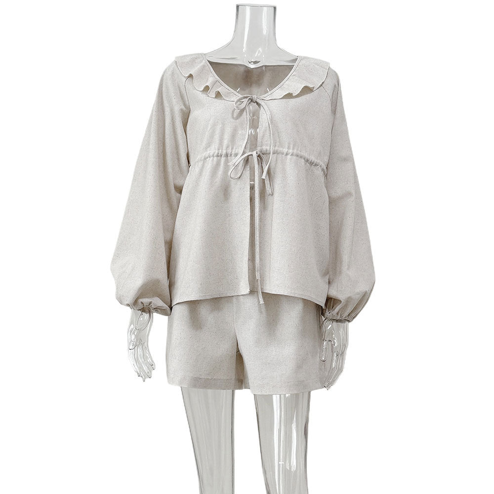 V-neck Puff Sleeve Top And Shorts Two-piece Set