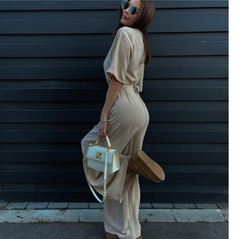 Tied Girdle Depth V-neck Casual Wide-leg Pants