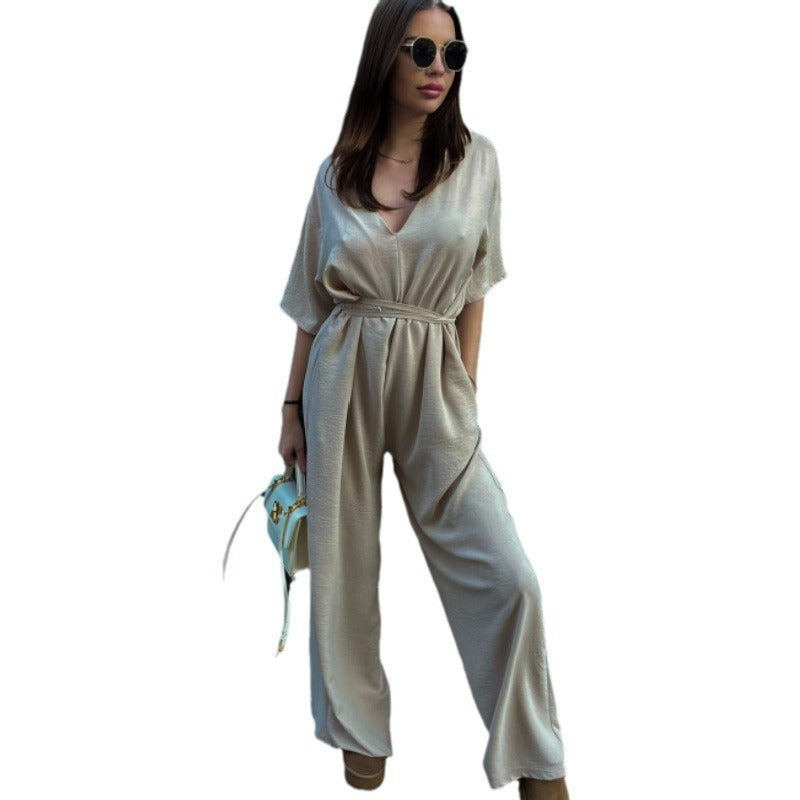Tied Girdle Depth V-neck Casual Wide-leg Pants